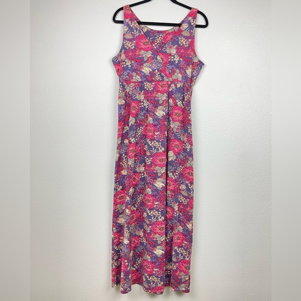 Garnet Hill Women's Small 100% Green Cotton Floral V-Neck Maxi Dress Sleeveless
